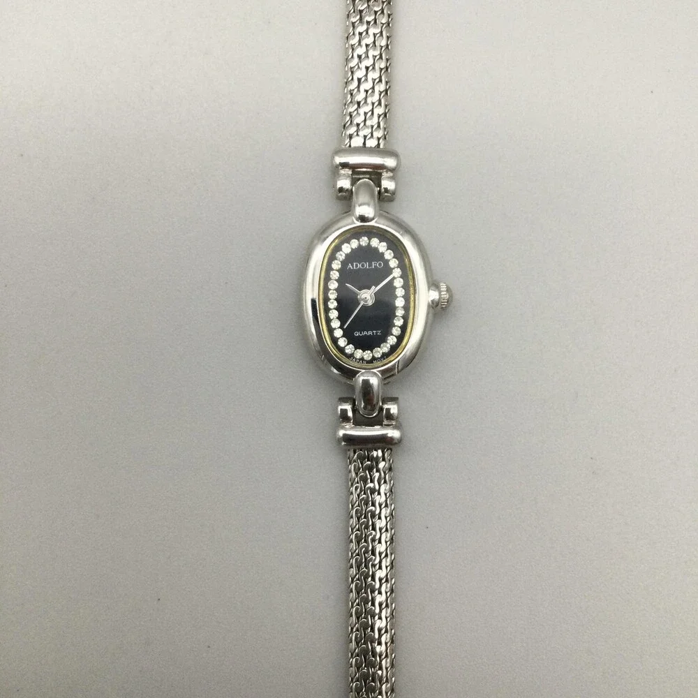 Adolfo Womens Watch 16mm Black Dial Silver Tone Crystals New Battery 7.5